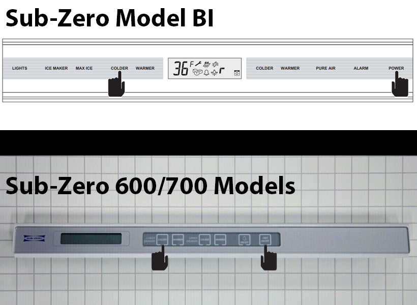 Visual guide showing how to enter service mode on Sub-Zero BI and 600/700 models